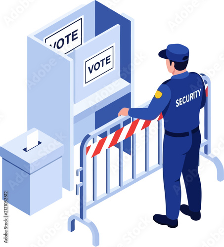 Security guard standing behind striped barrier tape next to blue voting booths