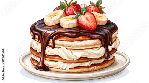 Pancakes stacked with cream filling, chocolate topping, strawberries, and bananas