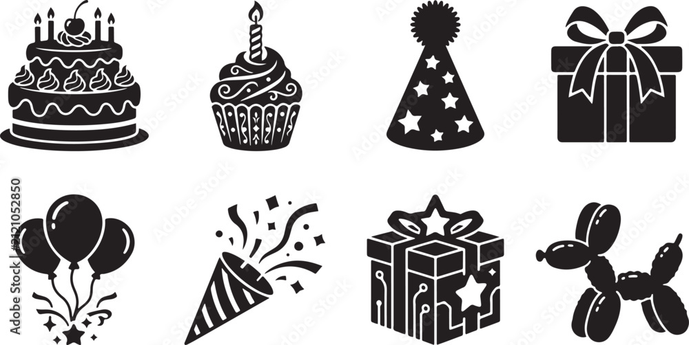 Naklejka premium Set of black and white party items for birthday and holiday celebration