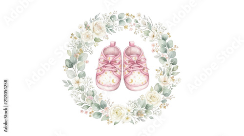 Pink baby booties nestled within a delicate floral wreath during gentle daylight Isolated on transparent background