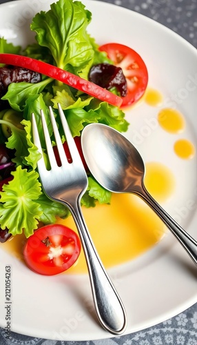 Iconic fork and spoon design on a plate with a green salad, eating, salad
