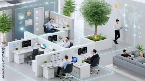 Modern open-plan office with natural light and green spaces fostering employee collaboration and well-being during daytime