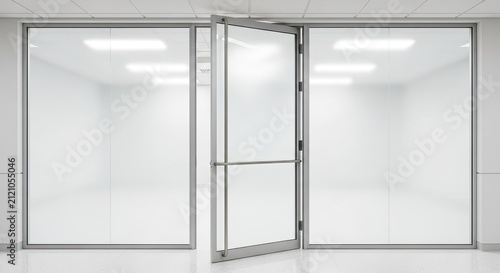 Modern glass office entrance, open door to bright white empty room, clean interior