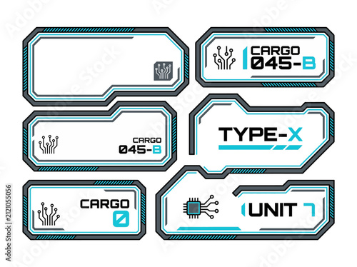 Industrial decal shapes for sci-fi cargo. Futuristic tech labels and hardware stickers.