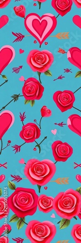 Seamless pattern of intertwined hearts, roses, and arrows in festive colors, celebration, holiday