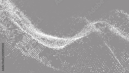 Abstract wave pattern of white dots on a solid grey background, flowing particle stream with a textured, dotted ripple effect