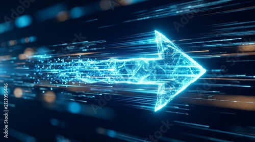 Futuristic innovation concept with a glowing blue arrow moving through digital data.