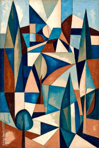 Abstract Cubist Coastal Landscape Painting with Geometric Shapes and Bold Colors