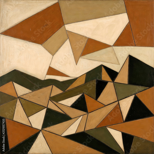 Abstract Cubist Coastal Landscape Painting with Geometric Shapes and Bold Colors