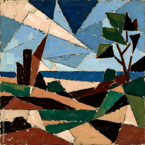 Abstract Cubist Coastal Landscape Painting with Geometric Shapes and Bold Colors