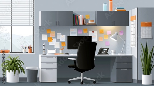 Modern office cubicle with computer setup and plants during daytime with natural light
