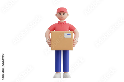 3D delivery man holding a cardboard box. Courier character delivering a parcel package.