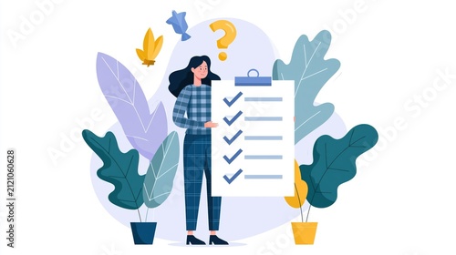 Woman holding a checklist with checkmarks surrounded by stylized leaves and plants during a decision-making process