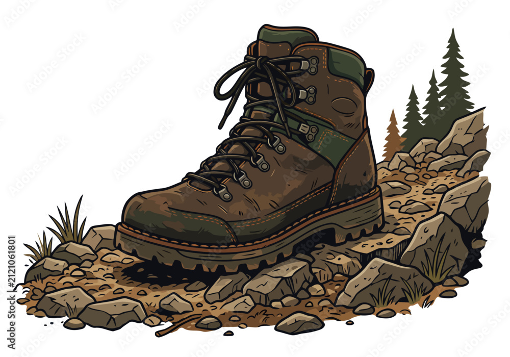 Obraz premium A rugged hiking boot rests on a rocky trail amidst a mountain landscape. Detailed illustration evokes adventure and outdoor exploration. Perfect for travel, nature, or lifestyle themes.