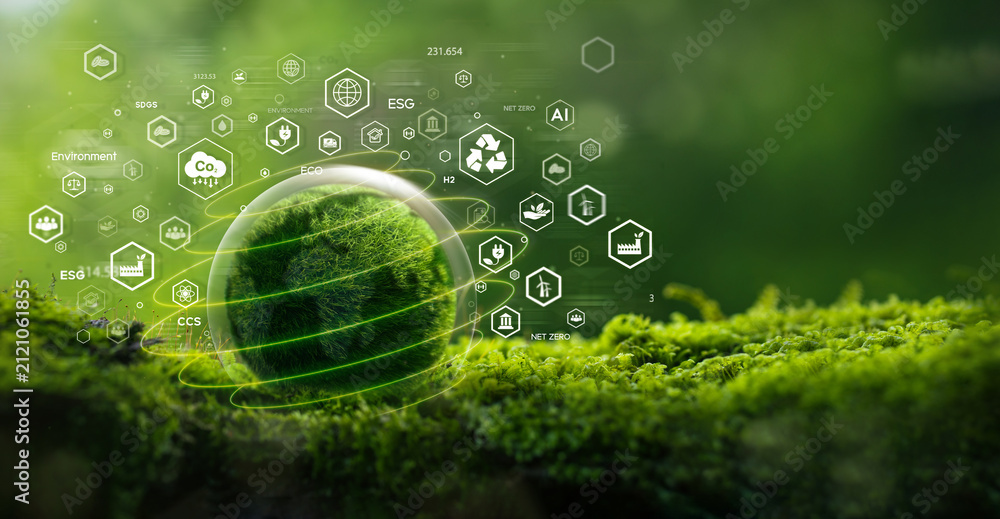 Obraz premium Green globe on moss with eco icons in green forest. Concept of ESG, ecology, and sustainable planet. Eco-friendly business, Earth Day, social responsibility, and net zero emission.