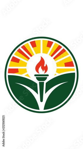 Circular torch logo with green leaves and sun rays.