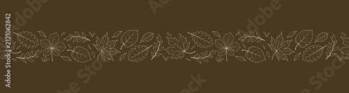 Seamless border with various leaves on a dark background. Autumn illustration. Vector.