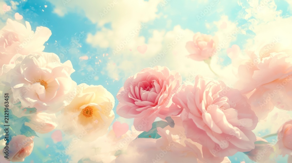 Obraz premium Pink roses bloom softly against dreamy skies