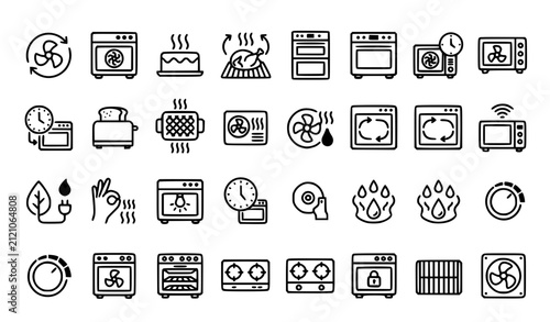 Convection Turbofan Stove Icon Set with Kitchen Appliance Heating Fan and Cooking Symbols Vector Illustration