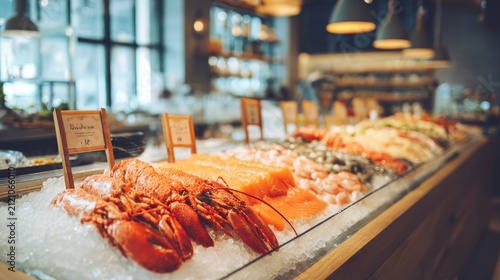Fresh Seafood Display in a Stylish Gourmet Market Setting