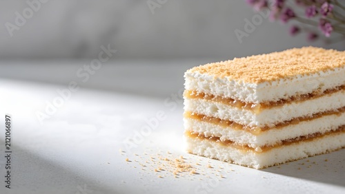 Delicate layered dessert with cinnamon sugar on marble surface close-up shot