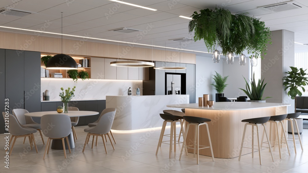 Fototapeta premium Modern open-plan kitchen and dining area with natural light and lush hanging plants