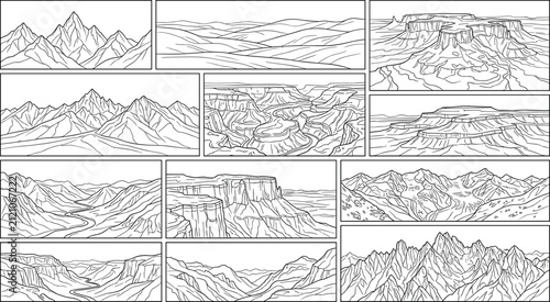 Mountain and canyon landscape vector illustration set with black and white line art drawings of natural landforms and terrain