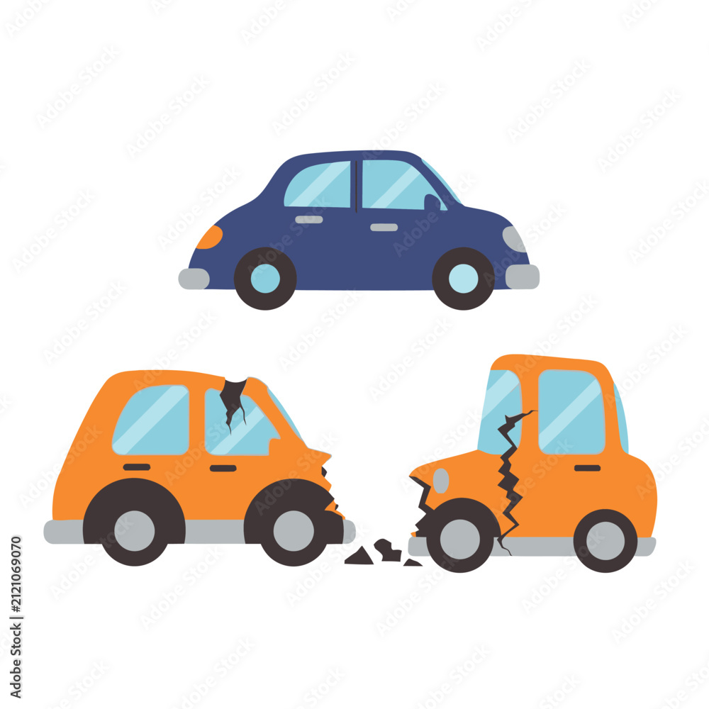 Obraz premium Car accident illustration: two damaged cars, one undamaged car above