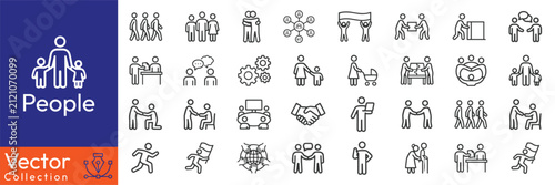 People line icons set. Person walking, running, happy man, company leader, friends hugs, team group, family minimal vector illustrations. Simple outline signs. 48x48 Pixel Perfect. Editable Stroke