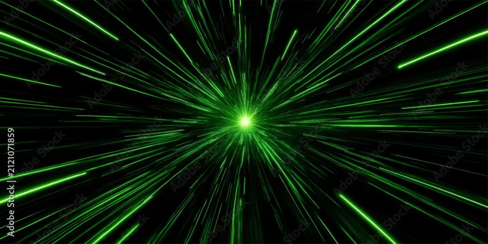 Fototapeta premium Abstract Green Light Burst with Radiating Rays, Fractal Energy Pattern, Glowing Star Explosion and Vibrant Space-Inspired Texture Background