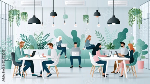Diverse professionals collaborating in a bright modern coworking space with abundant greenery and natural light during the day