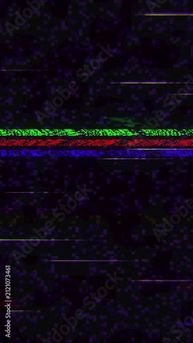 Abstract RGB TV glitch background with horizontal interference bands and pixel distortion. Damaged video signal texture with static noise, scan lines and RGB channel split for overlay