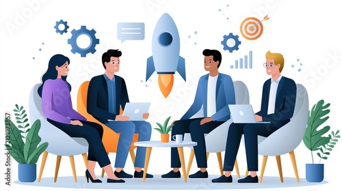 Diverse business team collaborates on startup launch with rocket concept and growth chart in bright office setting