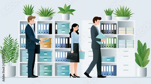Business professionals in office environment with file cabinets and plants representing organization and workflow