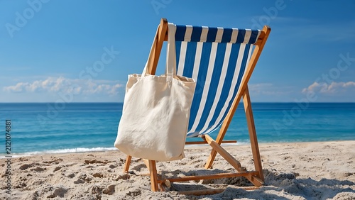 Relaxing Beach Scene with Deck Chair and Tote Bag Under Bright Midday Sun