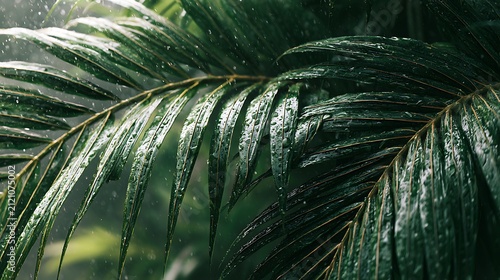 raindrops on palm tree leaves