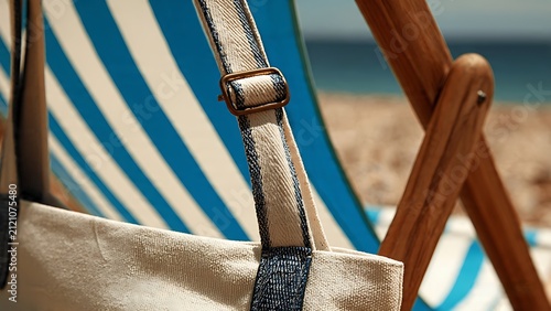 Close-Up Shot Focusing on Hanging Strap of Canvas Bag with Striped Background
