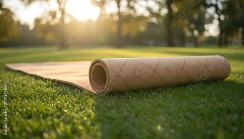 Eco friendly cork yoga mat unrolled on lush green grass in a peaceful public park at sunrise for outdoor yoga fitness classes and healthy wellness lifestyle concept