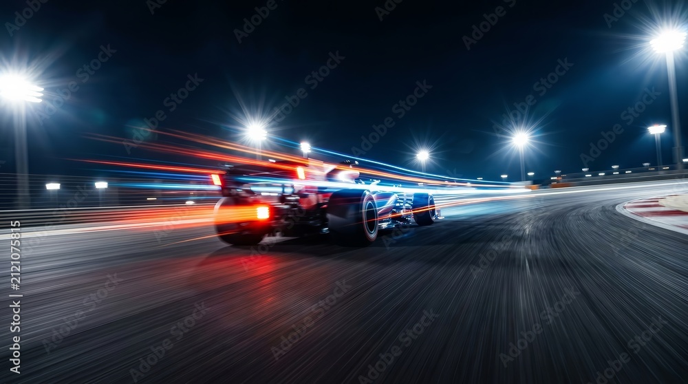 Obraz premium Fast light trails and motion blur on a professional race track during a night race.
