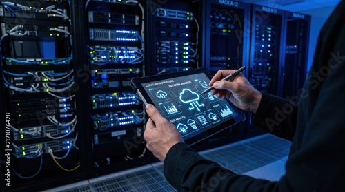 IT administrator monitoring cloud infrastructure and network performance on tablet in server room, managing data center operations and ensuring system security.