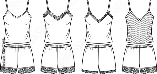 Fotografie Blank women lace trim camisole and shorts sleepwear set technical sketch vector