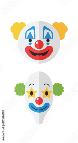 Two Clown Faces, One Round, One Oval, With Colorful Makeup
