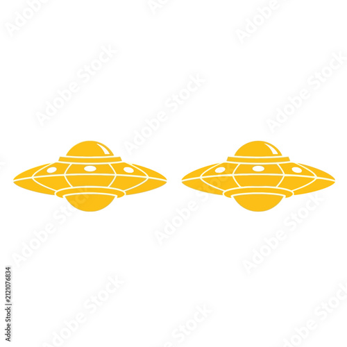 Two Yellow UFOs Flying Side by Side, Alien Spaceship Illustration