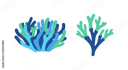 Vibrant Coral Reef Elements: Blue and Green Seaweed and Anemone Illustrations