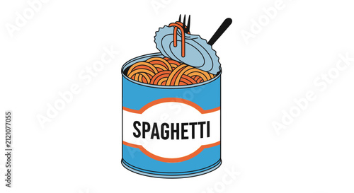 Canned Spaghetti with Fork, Convenient Meal, Quick Lunch or Dinner Idea