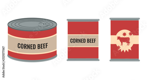 Canned Corned Beef Products: Variety of Food Cans with Labels