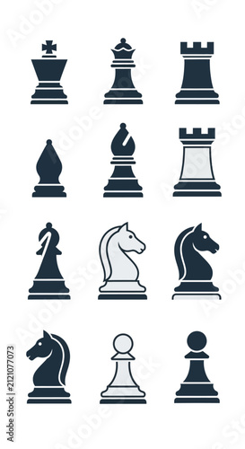 Chess Pieces Icons Set: King, Queen, Rook, Bishop, Knight, Pawn - Dark Blue and White