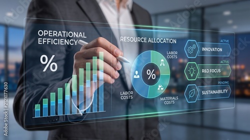 Businessman interacting with futuristic holographic interface showing operational efficiency graphs and resource allocation charts, corporate strategy and financial planning