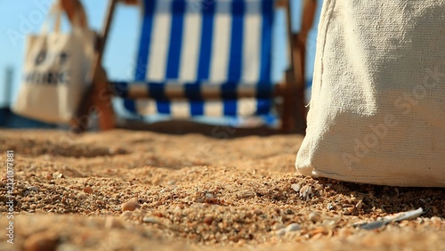 Close-Up View of Golden Sand with Small Details and Beach Chair in Background