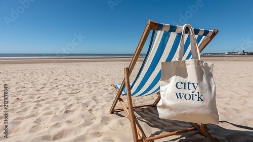 Beach Scene with Blue and White Striped Wooden Chair and Tote Bag on Sandy Shoreline